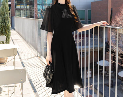 Half Wing Chiffon Sleeve Spring Summer Dress / Korean Style Black Midi Dress / Luxury wear Elegant Dress in Black Color