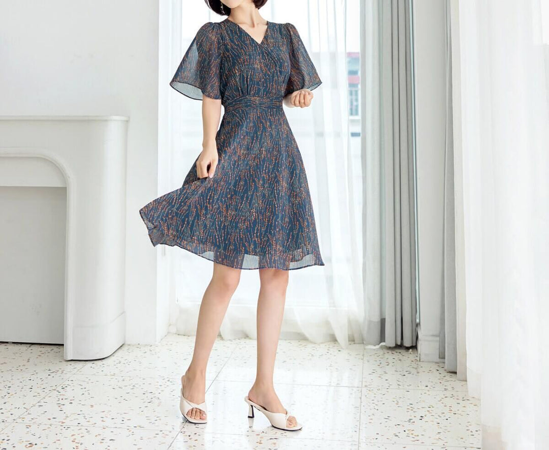 Floral V-neck Short Sleeve Chiffon Long Dress – STUDIO731