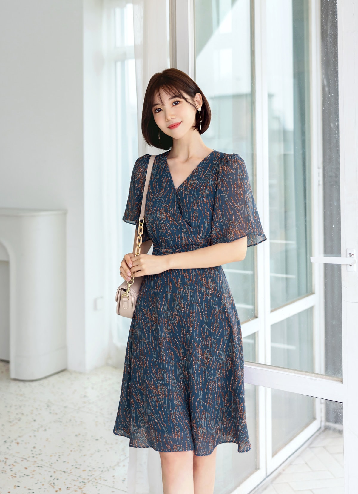 Floral Chiffon Long Dress / Korean Style Women Dress / V-neck Short Sleeve Spring Summer Midi Dress / Bridesmaid Dress