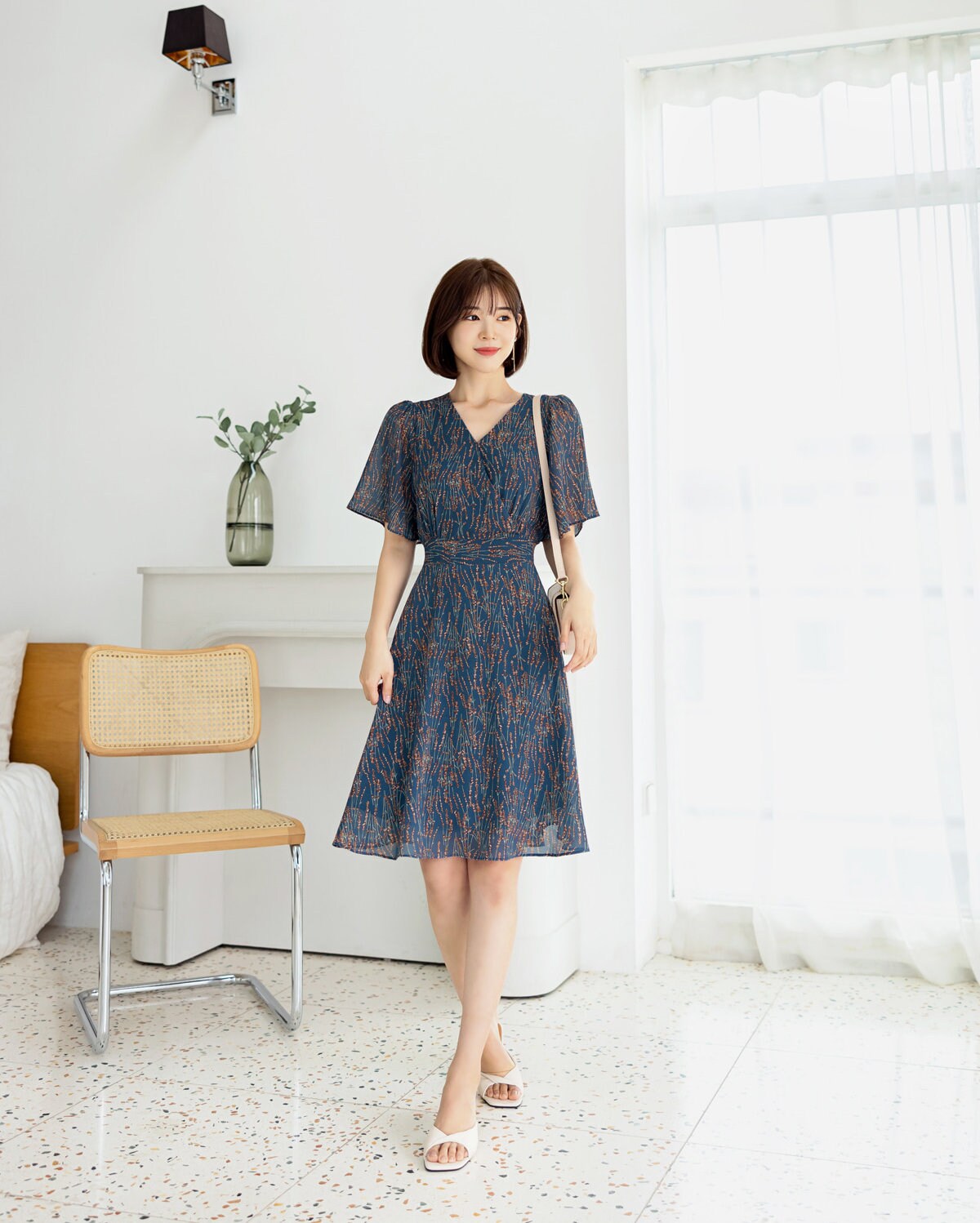 Floral Chiffon Long Dress / Korean Style Women Dress / V-neck Short Sleeve Spring Summer Midi Dress / Bridesmaid Dress