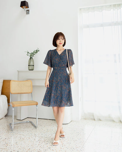 Floral Chiffon Long Dress / Korean Style Women Dress / V-neck Short Sleeve Spring Summer Midi Dress / Bridesmaid Dress