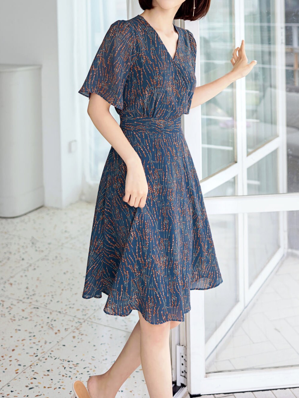 Floral Chiffon Long Dress / Korean Style Women Dress / V-neck Short Sleeve Spring Summer Midi Dress / Bridesmaid Dress