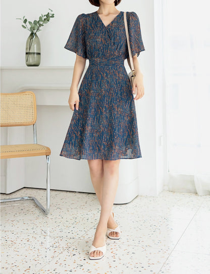 Floral Chiffon Long Dress / Korean Style Women Dress / V-neck Short Sleeve Spring Summer Midi Dress / Bridesmaid Dress