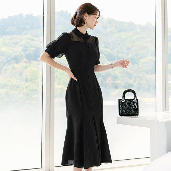 See-Through Puff Sleeve Simple Black Dress / Korean Style Women Dress / Elegant Black Dress / Simple Semi Mermaid Silhouette Midi Dress