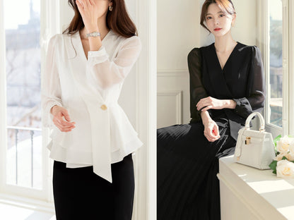 Elegant Unique Chiffon Blouse Top / Korean Style Feminin Style Blouse / Daily Blouse Jacket for Women