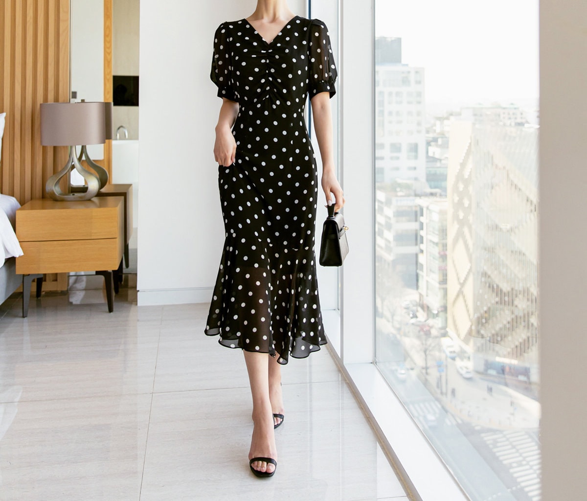 Dot Pattern V Neck Chiffon Long Dress / Korean Style Women Dress / V-neck Short Sleeve Spring Summer Midi Dress