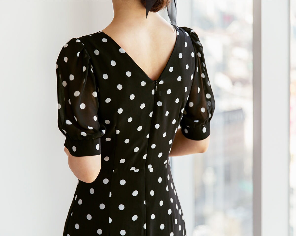 Dot Pattern V Neck Chiffon Long Dress / Korean Style Women Dress / V-neck Short Sleeve Spring Summer Midi Dress