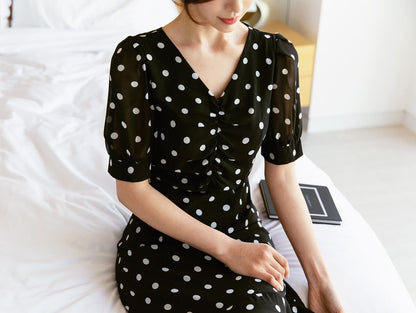 Dot Pattern V Neck Chiffon Long Dress / Korean Style Women Dress / V-neck Short Sleeve Spring Summer Midi Dress