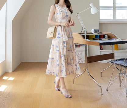 Feminin Sleeveless Flare Dress with Belt / Korean Style Midi Long Dress / Clasic Simple Sleeveless Flare Dress for Women