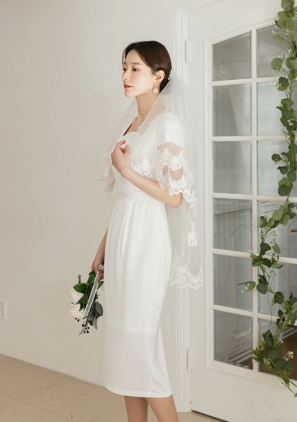 Elegant Ivory Color Wedding Dress / Korean Style Women Midi Dress / Bridal Dress / Simple Long Dress