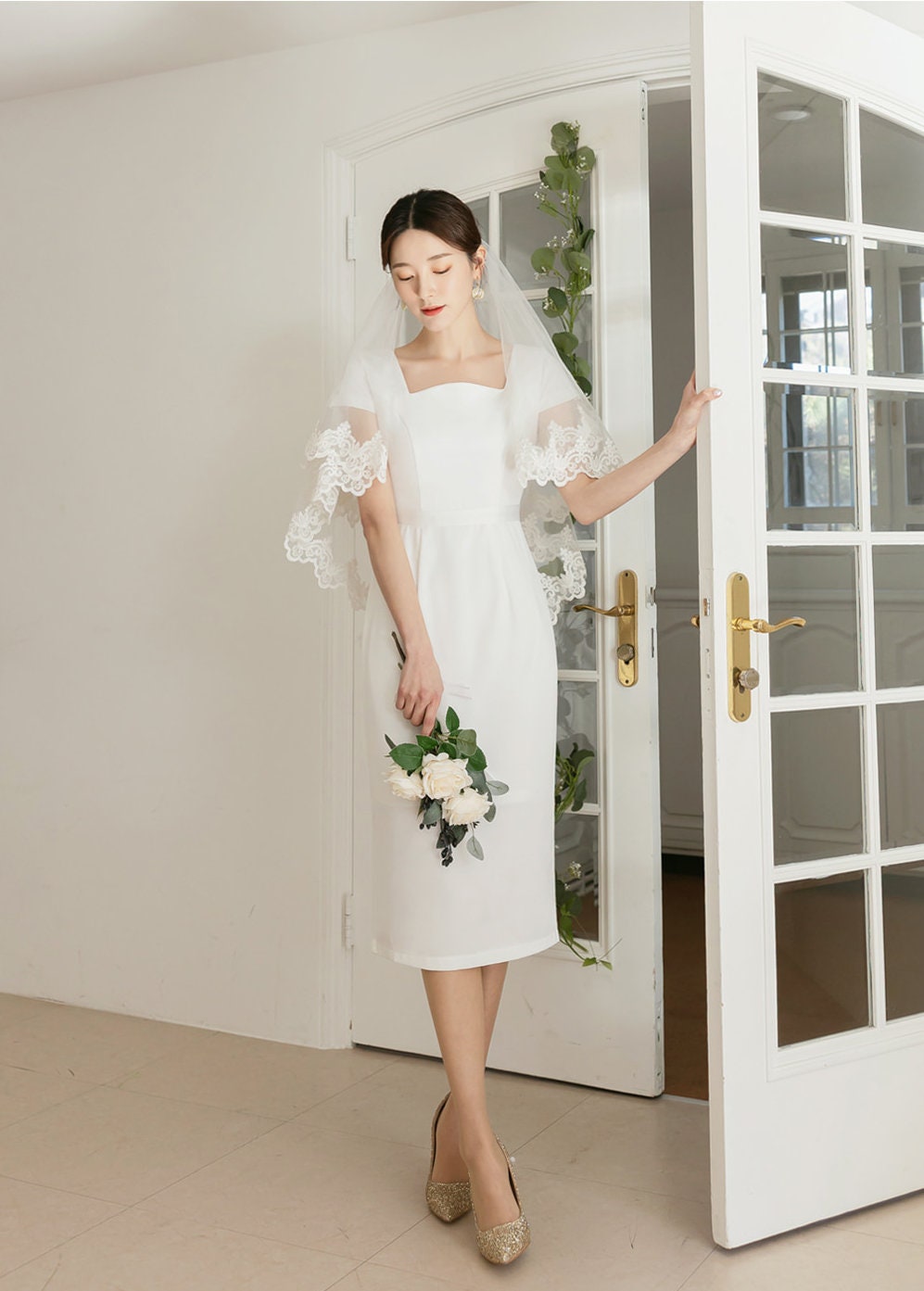 Elegant Ivory Color Wedding Dress / Korean Style Women Midi Dress / Bridal Dress / Simple Long Dress