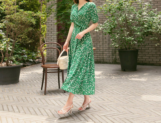 Summer Floral V Neck Short Sleeve Long Dress for Women / Korean Style Women Dress / Feminine Long Dress Green Color