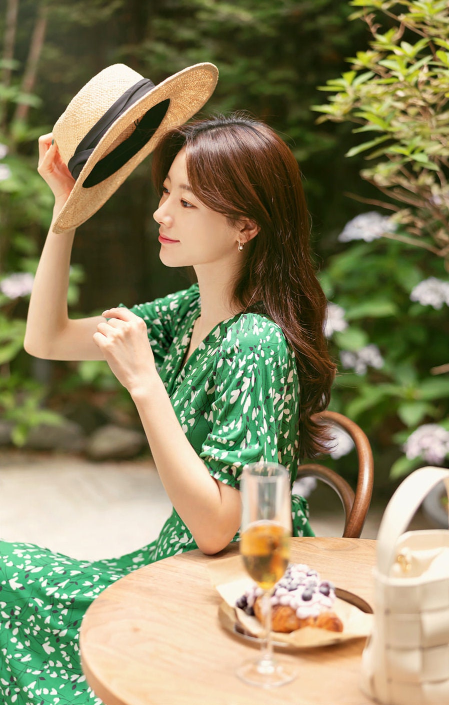 Summer Floral V Neck Short Sleeve Long Dress for Women / Korean Style Women Dress / Feminine Long Dress Green Color