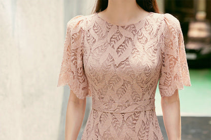 Short Sleeve Spring Summer Lace Dress / Korean Style Lace Midi Dress / Luxury wear Elegant Dress