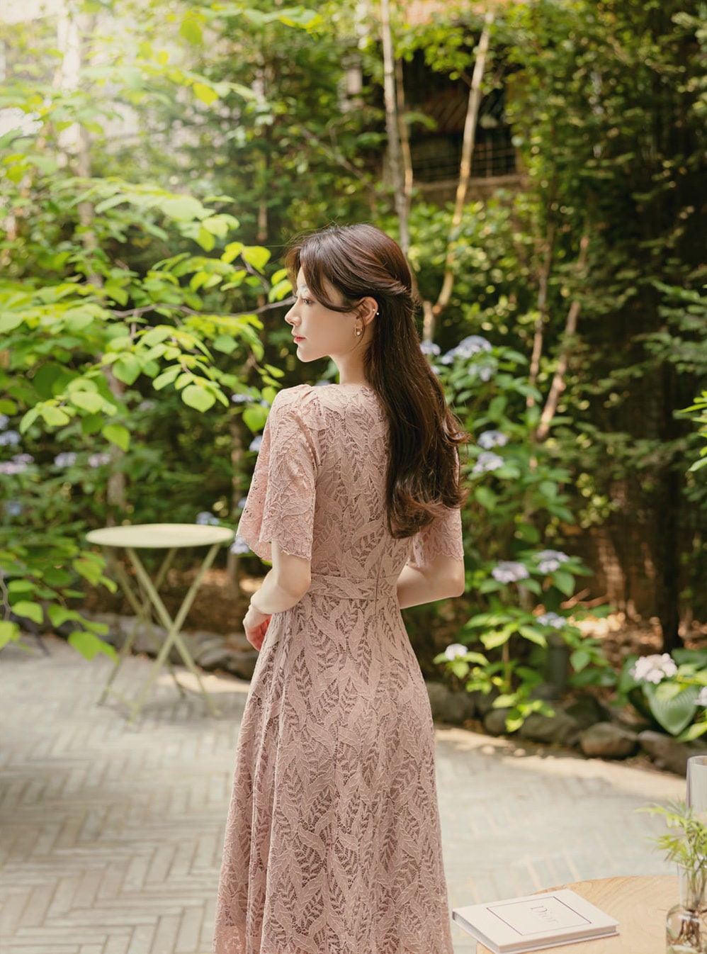 Short Sleeve Spring Summer Lace Dress / Korean Style Lace Midi Dress / Luxury wear Elegant Dress