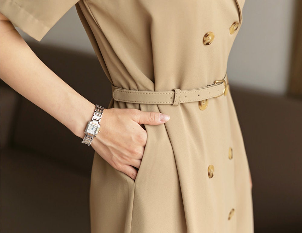 Korean Style Double Breasted Blazer Dress / V Neck Elegant Feminin Dress with Belt / Short Sleeve Modern Chic Midi Dress for Summer