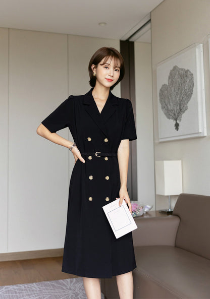 Korean Style Double Breasted Blazer Dress / V Neck Elegant Feminin Dress with Belt / Short Sleeve Modern Chic Midi Dress for Summer