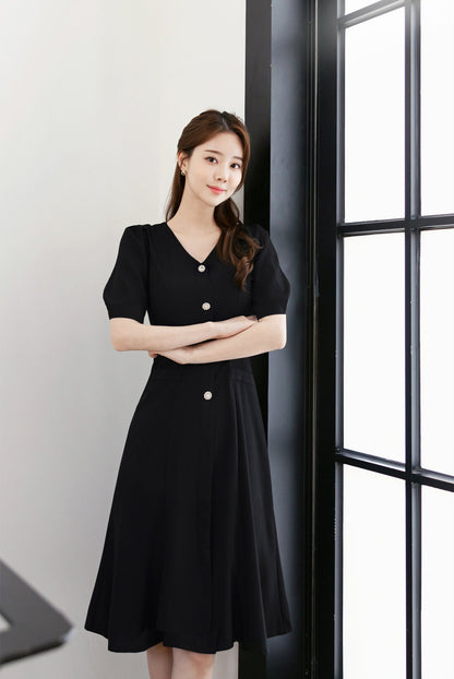 Elegant Short Sleeve Flare Dress / Korean Style V Neck Black Midi Dress with Jewel Button / Luxury wear Elegant Dress