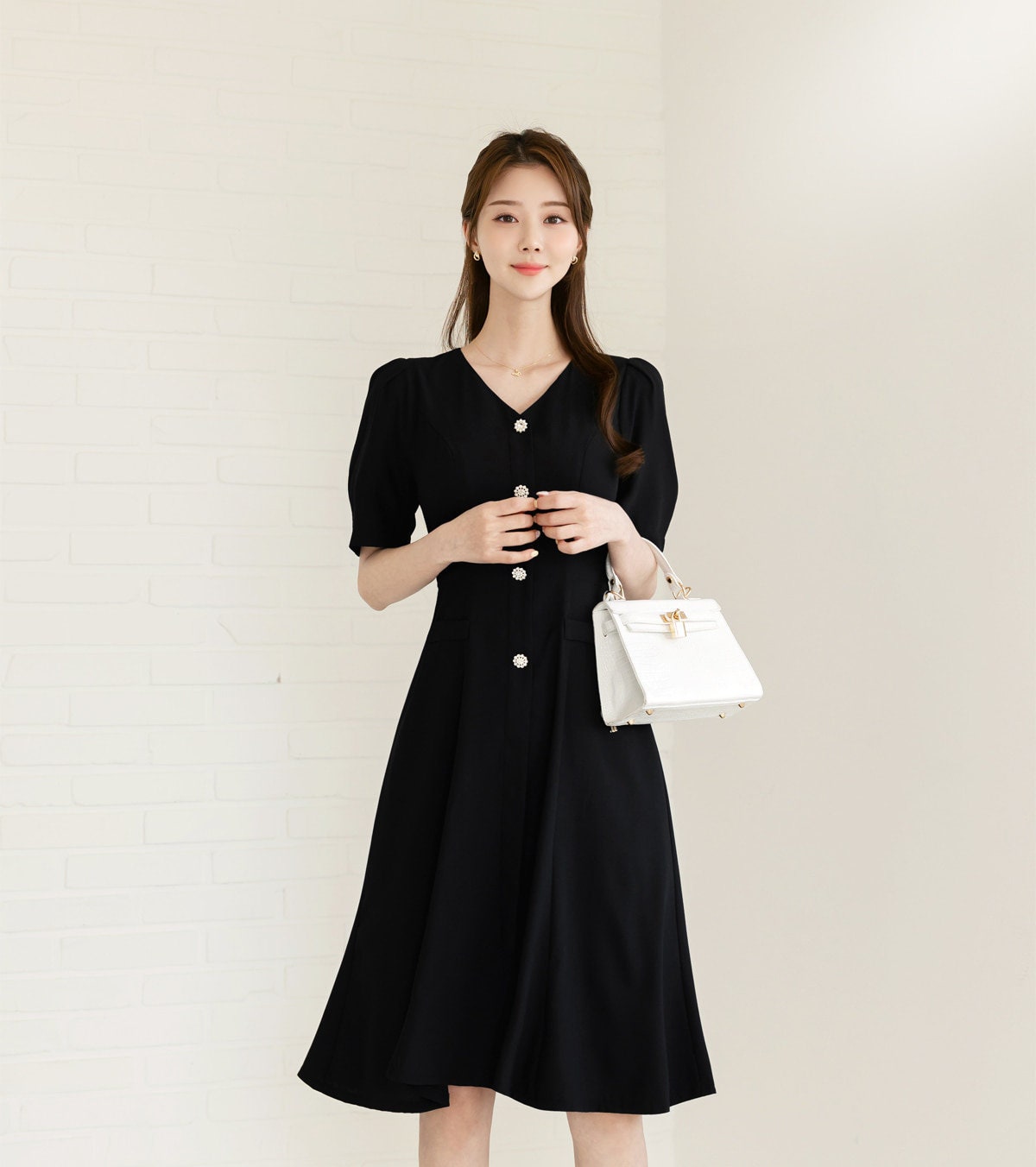 Elegant Short Sleeve Flare Dress / Korean Style V Neck Black Midi Dress with Jewel Button / Luxury wear Elegant Dress