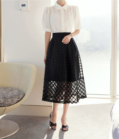 Elegant Feminine See-Through Flare Skirt / Korean Style Party Dress Skirt / Daily Dressy Midi Skirt