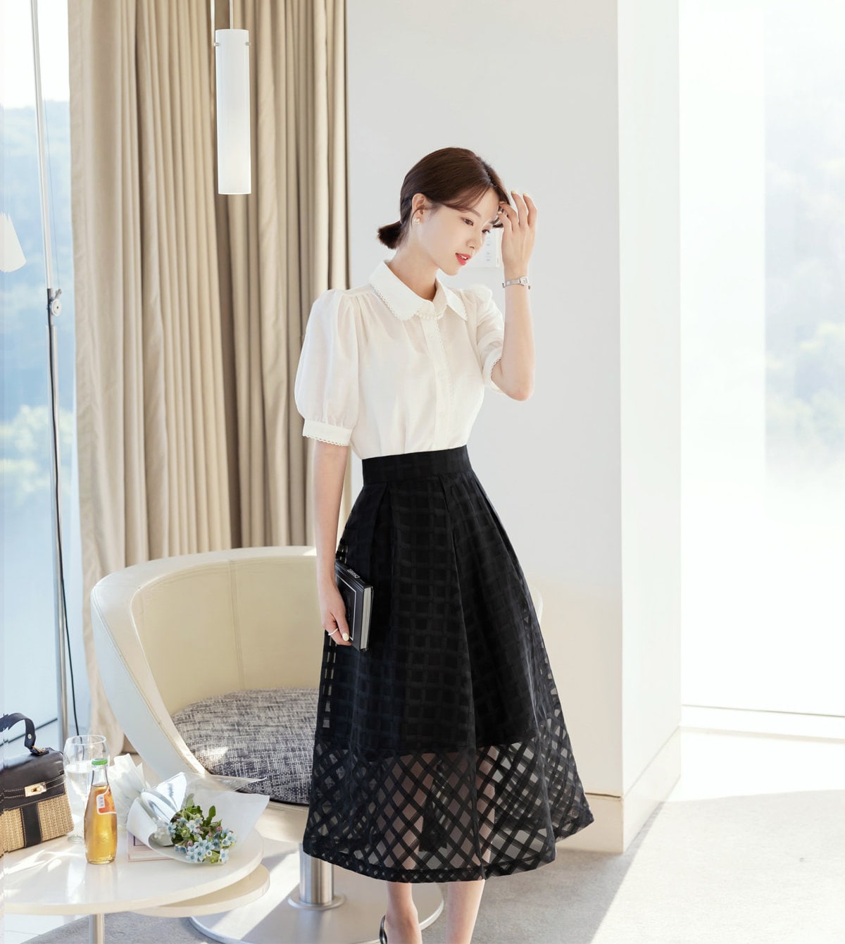 Elegant Feminine See-Through Flare Skirt / Korean Style Party Dress Skirt / Daily Dressy Midi Skirt