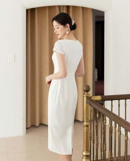 Elegant Ivory Color Wedding Dress / Korean Style Women Midi Dress / Bridal Dress / Simple Long Dress