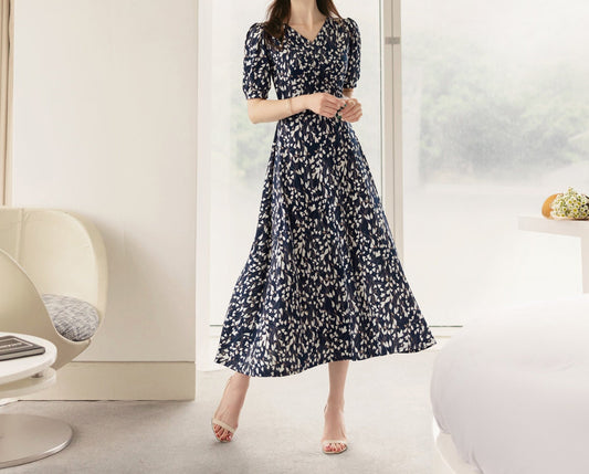 Summer Floral V Neck Short Sleeve Long Dress for Women / Korean Style Women Dress / Feminine Long Dress Navy Color