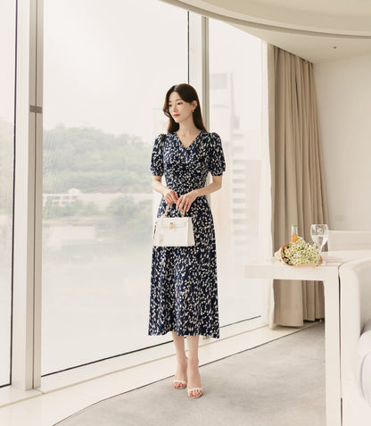 Summer Floral V Neck Short Sleeve Long Dress for Women / Korean Style Women Dress / Feminine Long Dress Navy Color