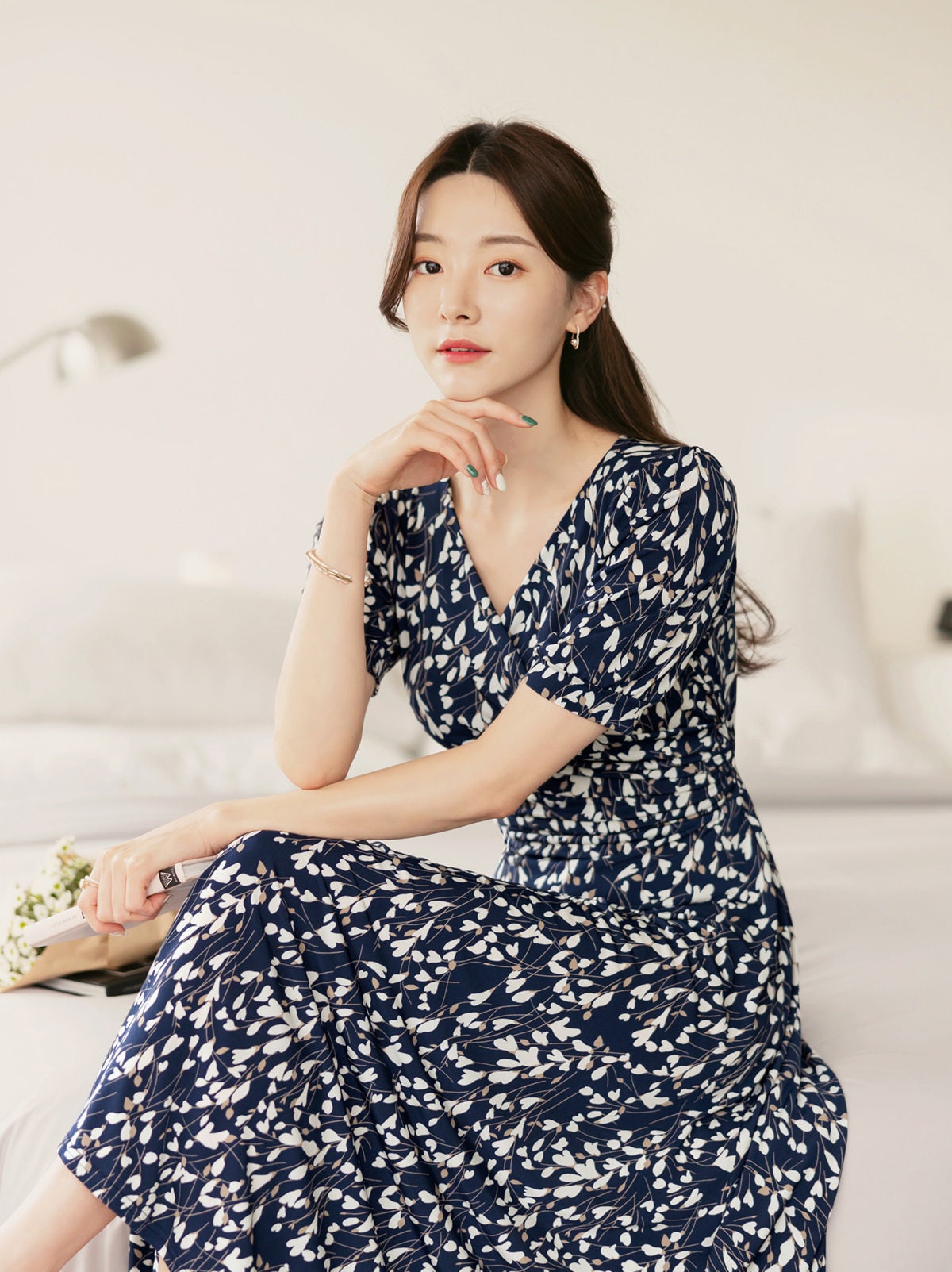 Summer Floral V Neck Short Sleeve Long Dress for Women / Korean Style Women Dress / Feminine Long Dress Navy Color