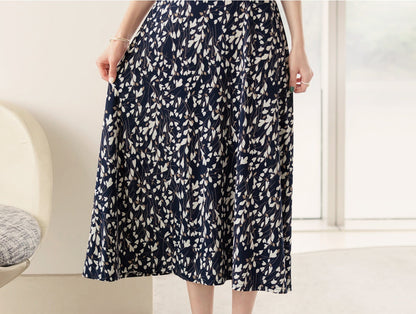 Summer Floral V Neck Short Sleeve Long Dress for Women / Korean Style Women Dress / Feminine Long Dress Navy Color