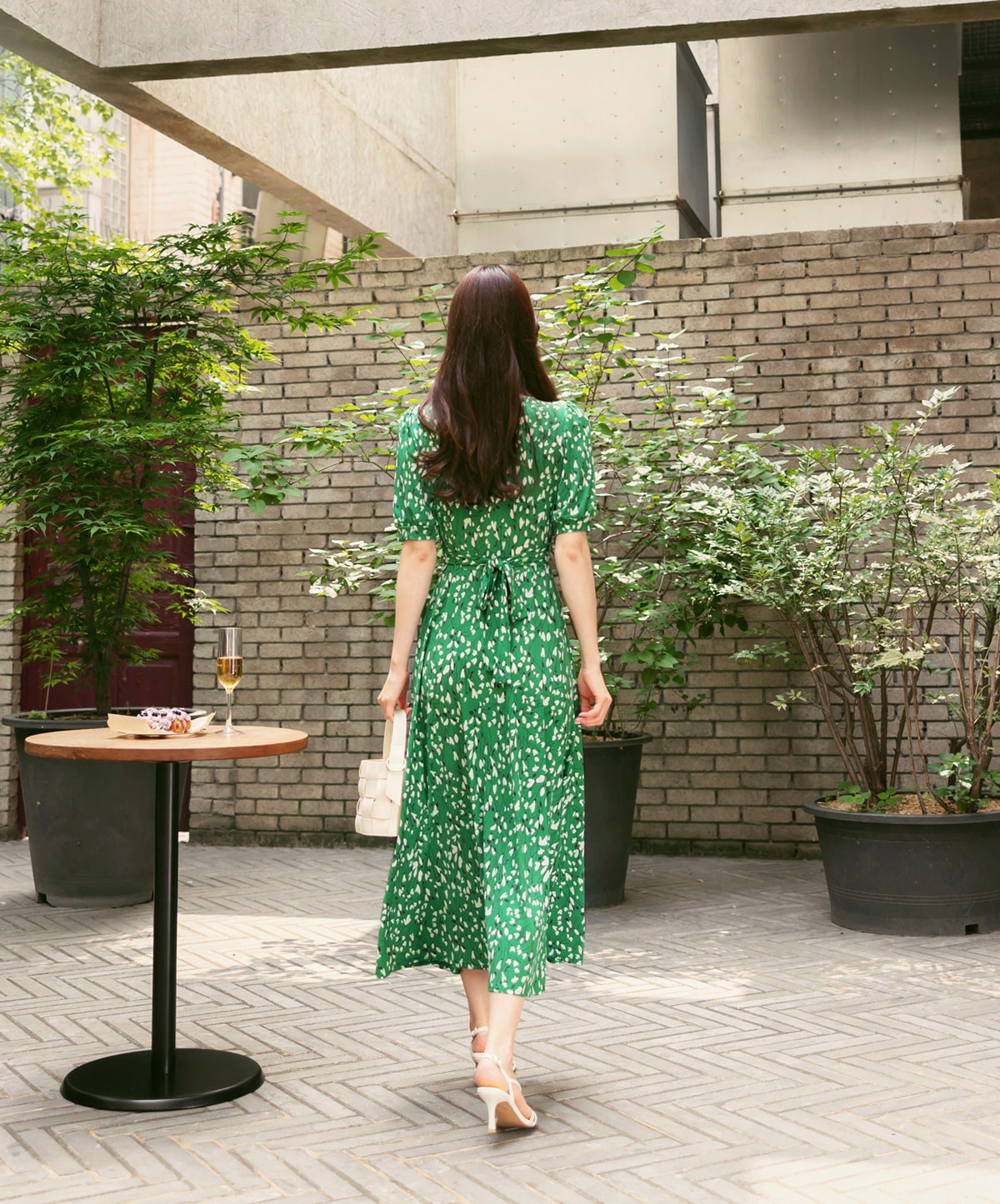 Summer Floral V Neck Short Sleeve Long Dress for Women / Korean Style Women Dress / Feminine Long Dress Green Color