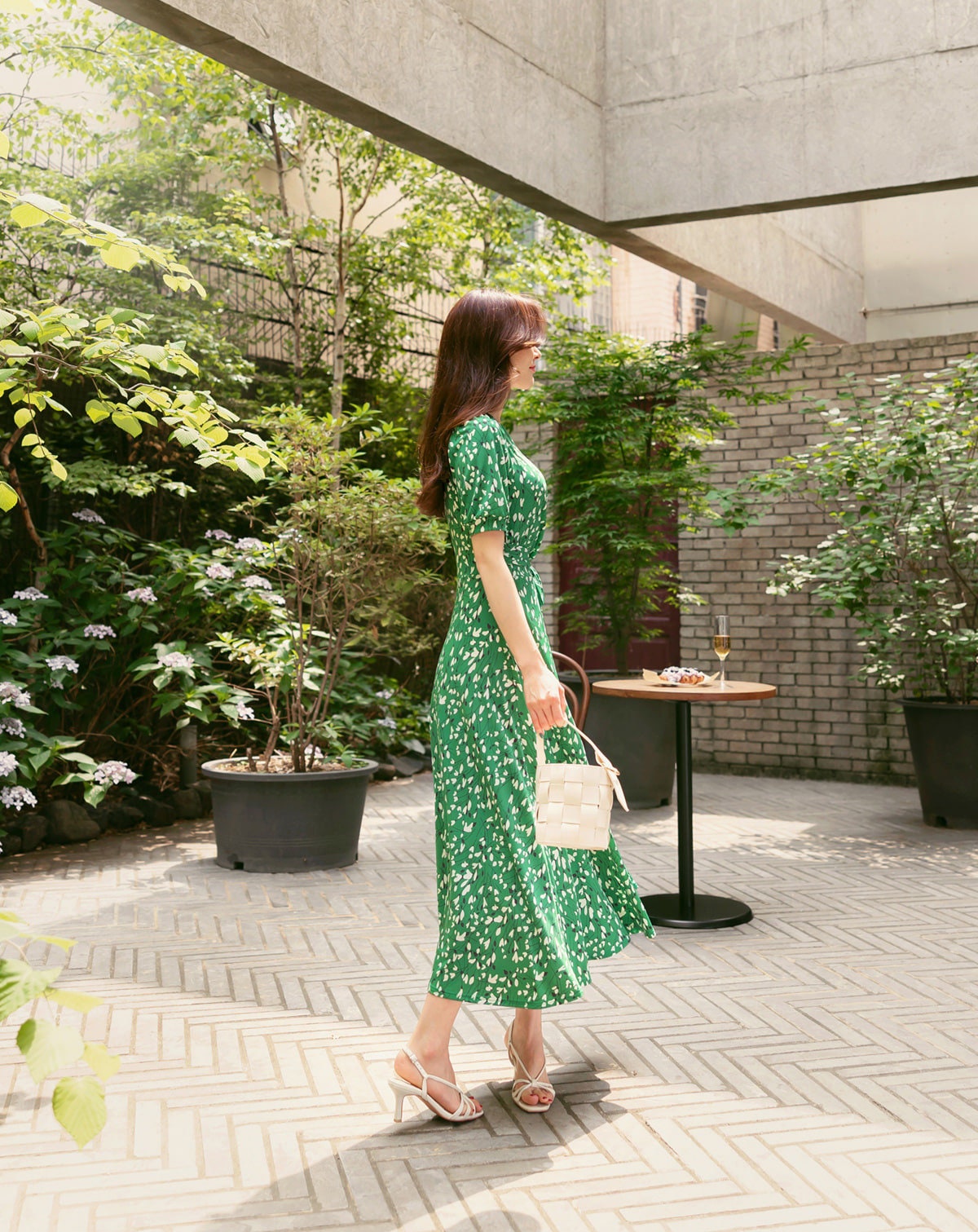 Summer Floral V Neck Short Sleeve Long Dress for Women / Korean Style Women Dress / Feminine Long Dress Green Color