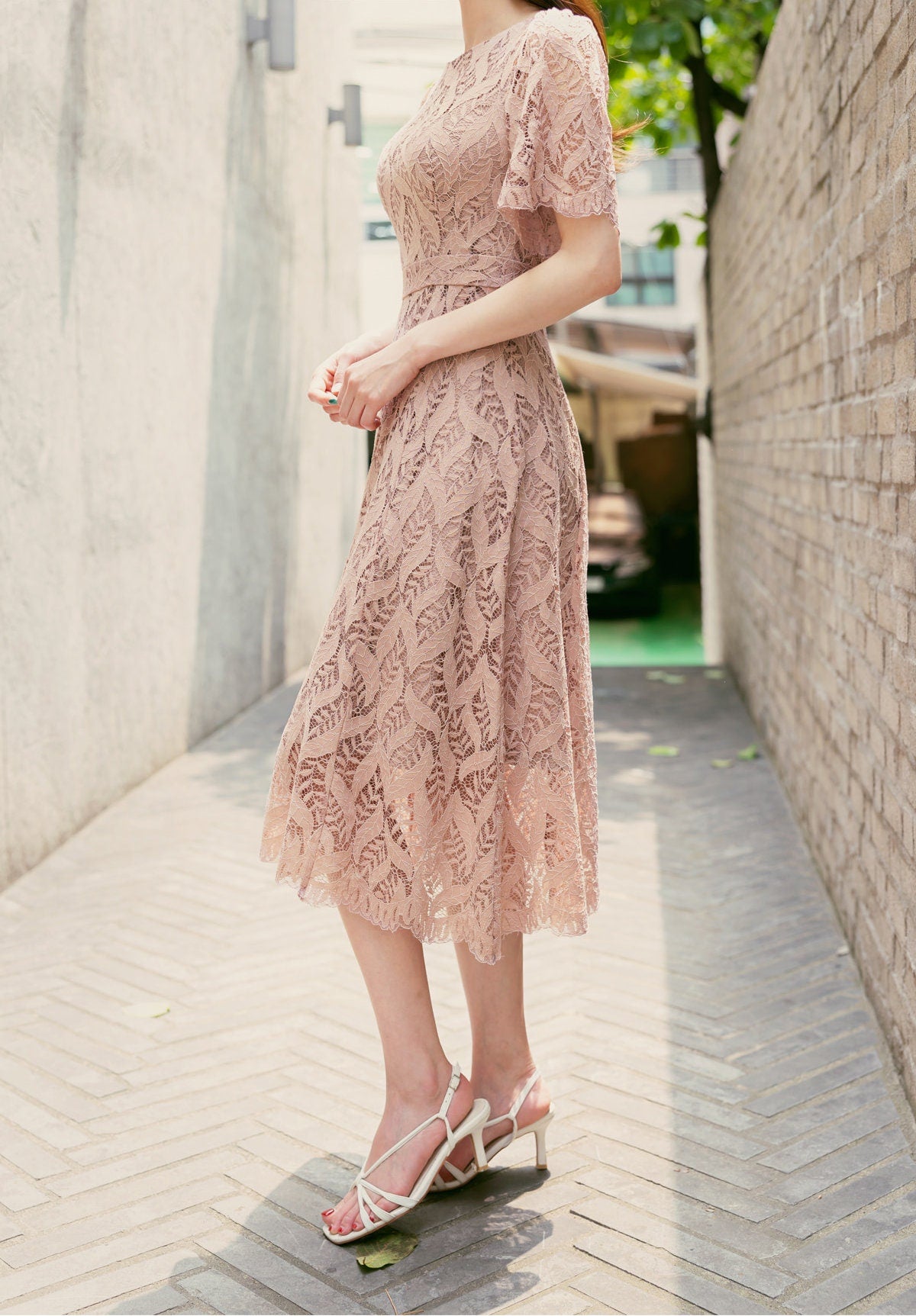 Short Sleeve Spring Summer Lace Dress / Korean Style Lace Midi Dress / Luxury wear Elegant Dress