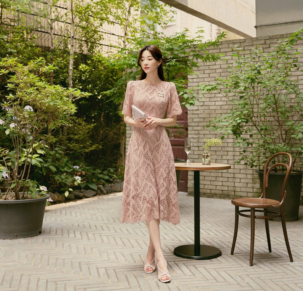 Short Sleeve Spring Summer Lace Dress / Korean Style Lace Midi Dress / Luxury wear Elegant Dress