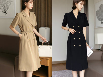 Korean Style Double Breasted Blazer Dress / V Neck Elegant Feminin Dress with Belt / Short Sleeve Modern Chic Midi Dress for Summer