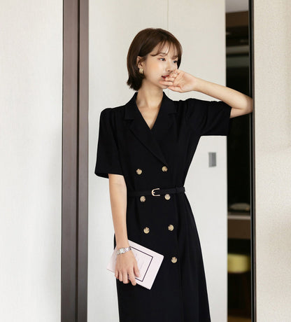 Korean Style Double Breasted Blazer Dress / V Neck Elegant Feminin Dress with Belt / Short Sleeve Modern Chic Midi Dress for Summer