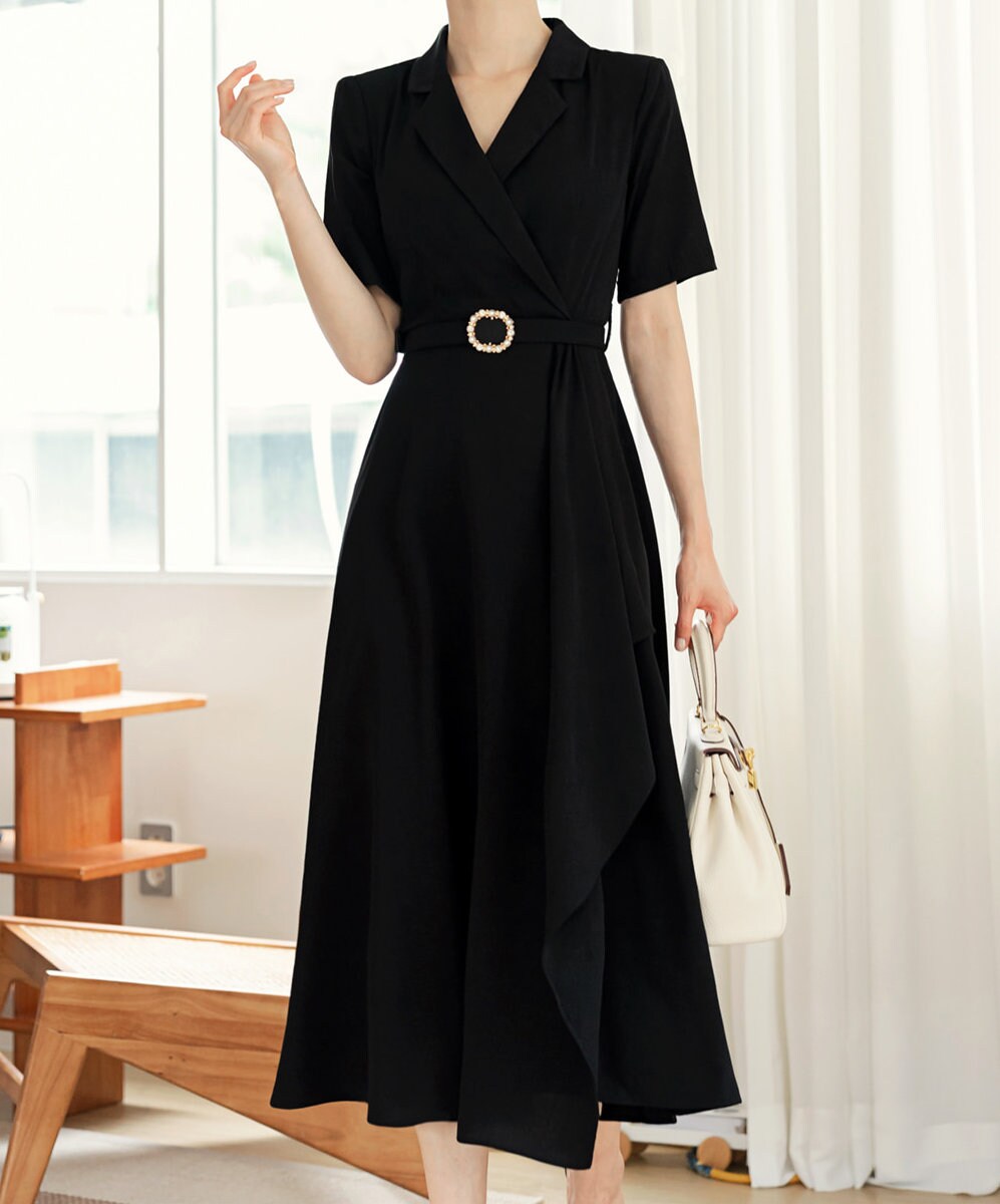 Black draped Midi Dress / V-neck Spring Summer Long Dress / Korean Style Women Dress / Elegant Feminin Dress