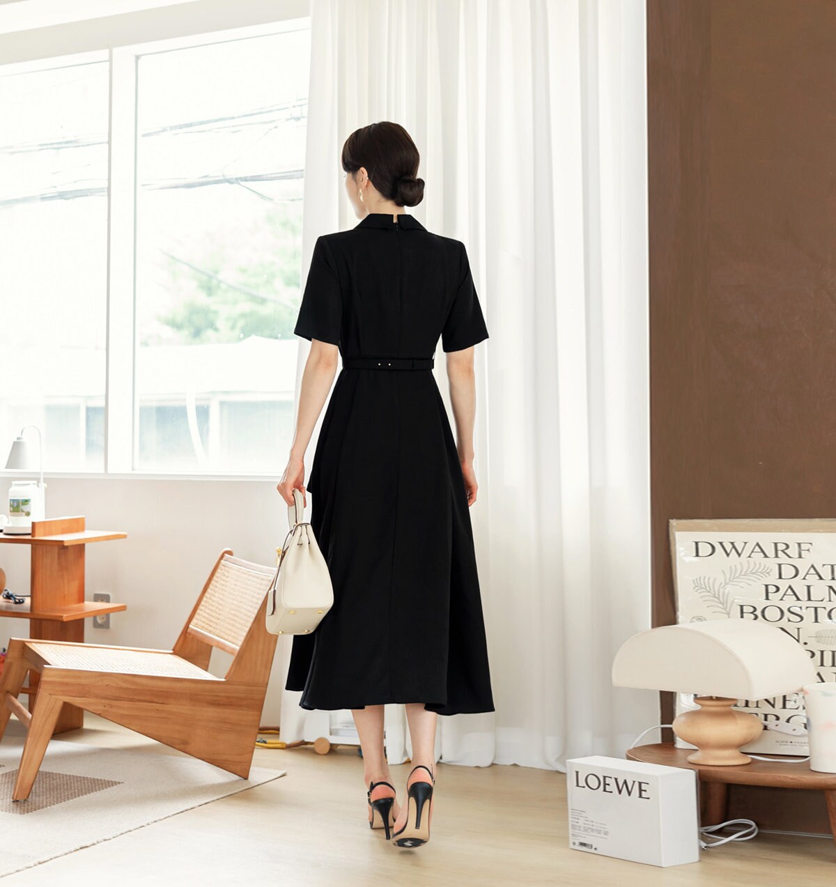 Black draped Midi Dress / V-neck Spring Summer Long Dress / Korean Style Women Dress / Elegant Feminin Dress