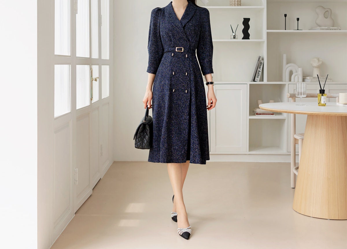 Elegant Feminine Tweed Dress with Belt / Korean Style Navy Midi Dress Jacket / Luxury wear Elegant Dress for Spring, Fall