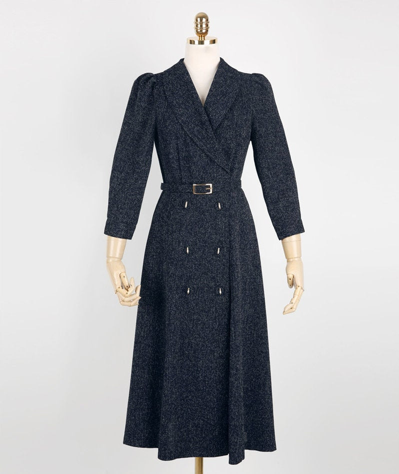 Elegant Feminine Tweed Dress with Belt / Korean Style Navy Midi Dress Jacket / Luxury wear Elegant Dress for Spring, Fall