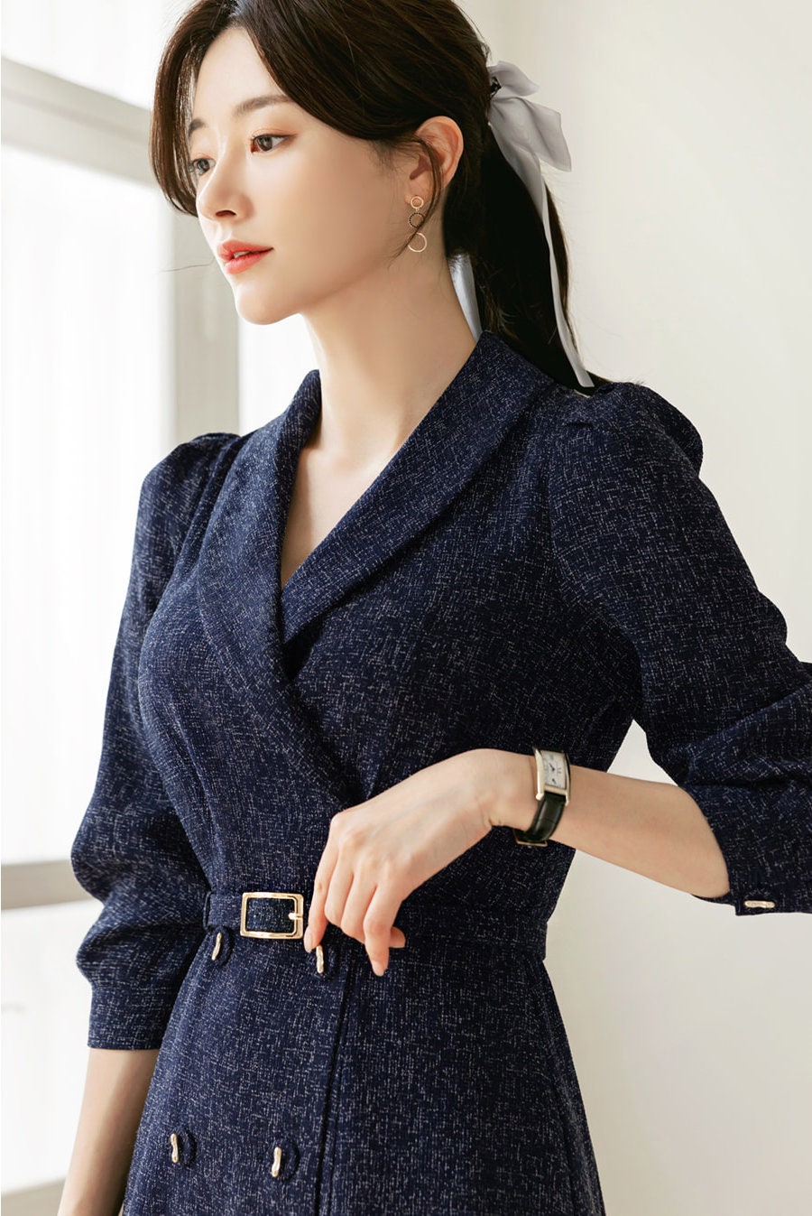 Elegant Feminine Tweed Dress with Belt / Korean Style Navy Midi Dress Jacket / Luxury wear Elegant Dress for Spring, Fall