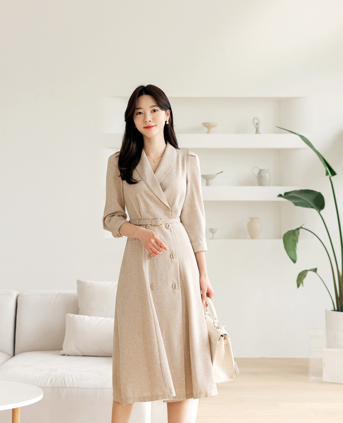 Elegant Feminine Tweed Dress with Belt / Korean Style Beige Midi Dress Jacket / Luxury wear Elegant Dress for Spring, Fall