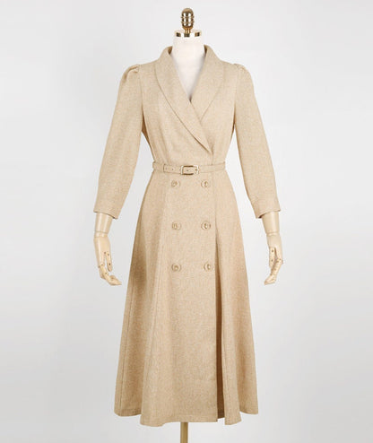 Elegant Feminine Tweed Dress with Belt / Korean Style Beige Midi Dress Jacket / Luxury wear Elegant Dress for Spring, Fall