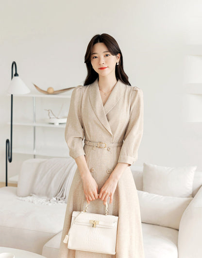 Elegant Feminine Tweed Dress with Belt / Korean Style Beige Midi Dress Jacket / Luxury wear Elegant Dress for Spring, Fall