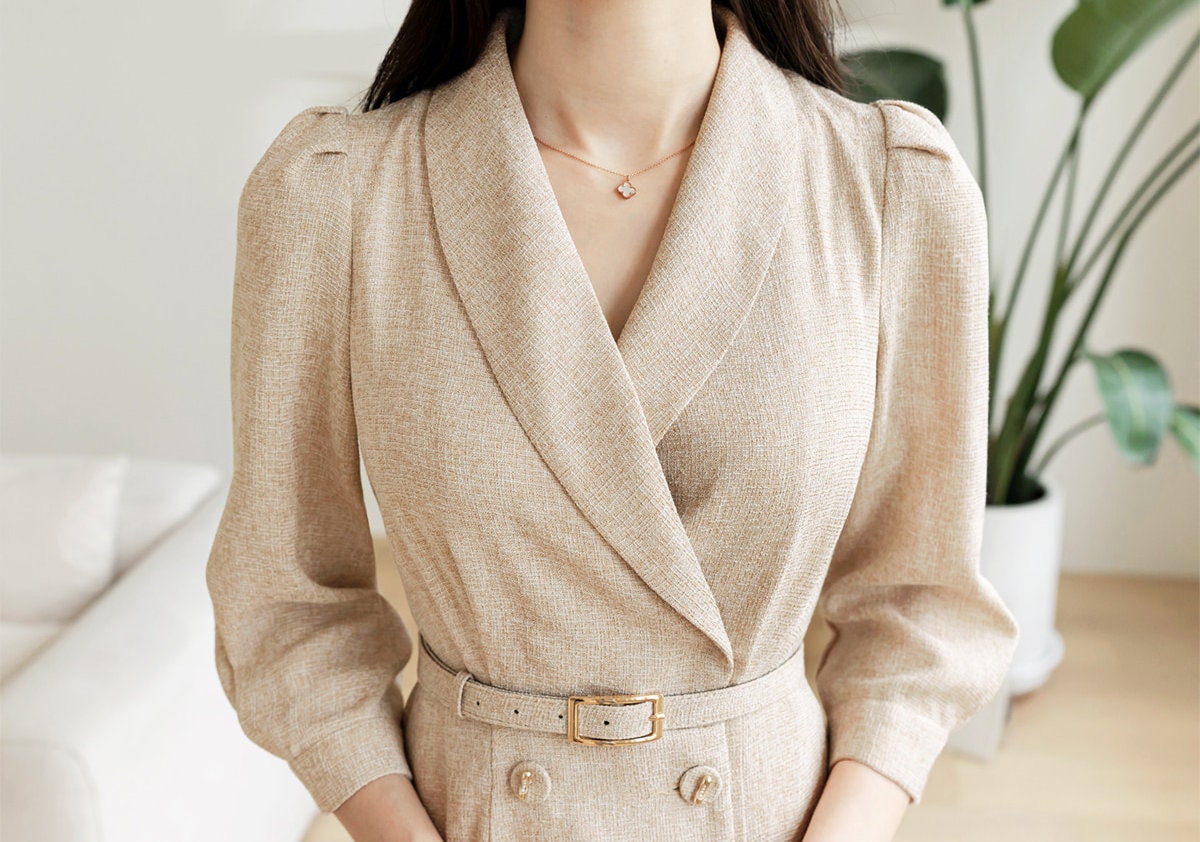 Elegant Feminine Tweed Dress with Belt / Korean Style Beige Midi Dress Jacket / Luxury wear Elegant Dress for Spring, Fall