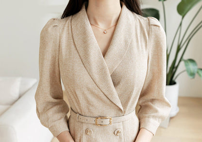 Elegant Feminine Tweed Dress with Belt / Korean Style Beige Midi Dress Jacket / Luxury wear Elegant Dress for Spring, Fall