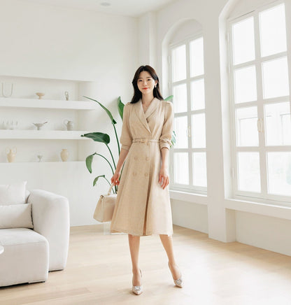 Elegant Feminine Tweed Dress with Belt / Korean Style Beige Midi Dress Jacket / Luxury wear Elegant Dress for Spring, Fall