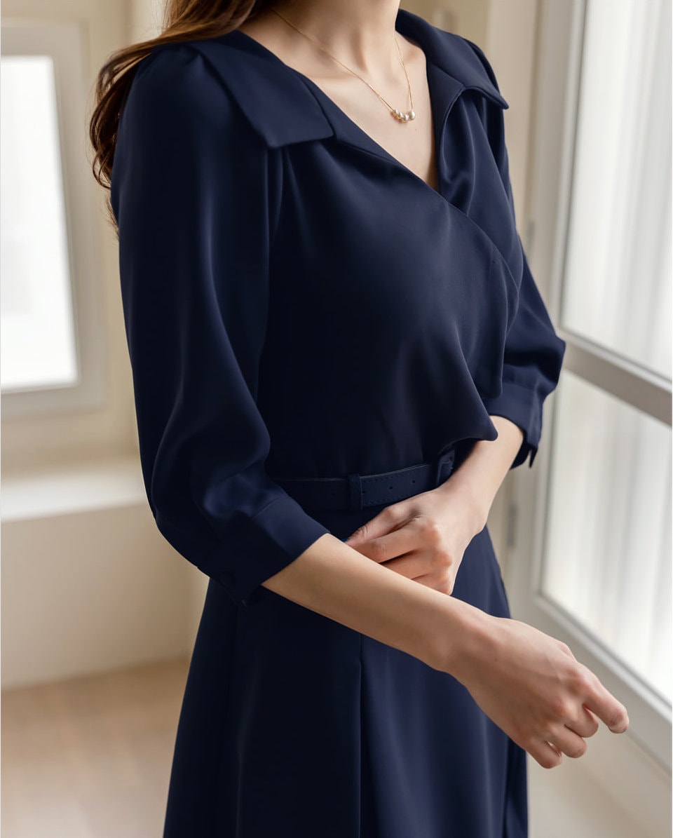 Elegant Feminin Flare Dress with Belt / Korean Style Belt Point Midi Dress / Spring Summer V Neck Dress