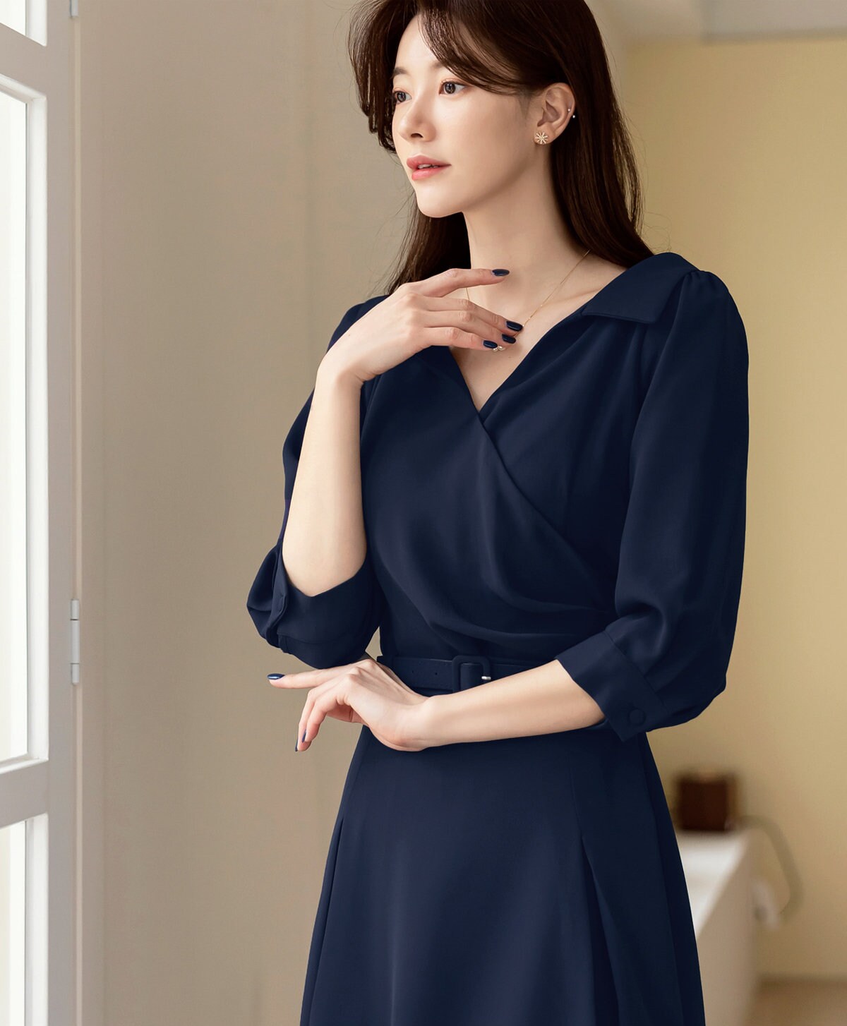 Elegant Feminin Flare Dress with Belt / Korean Style Belt Point Midi Dress / Spring Summer V Neck Dress