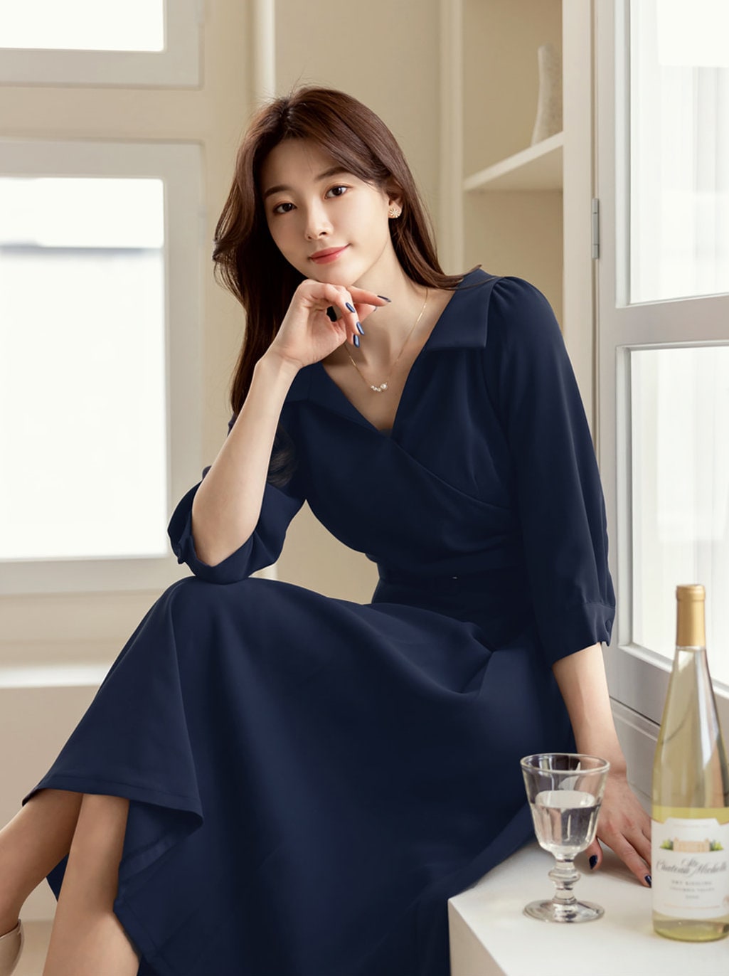 Elegant Feminin Flare Dress with Belt / Korean Style Belt Point Midi Dress / Spring Summer V Neck Dress